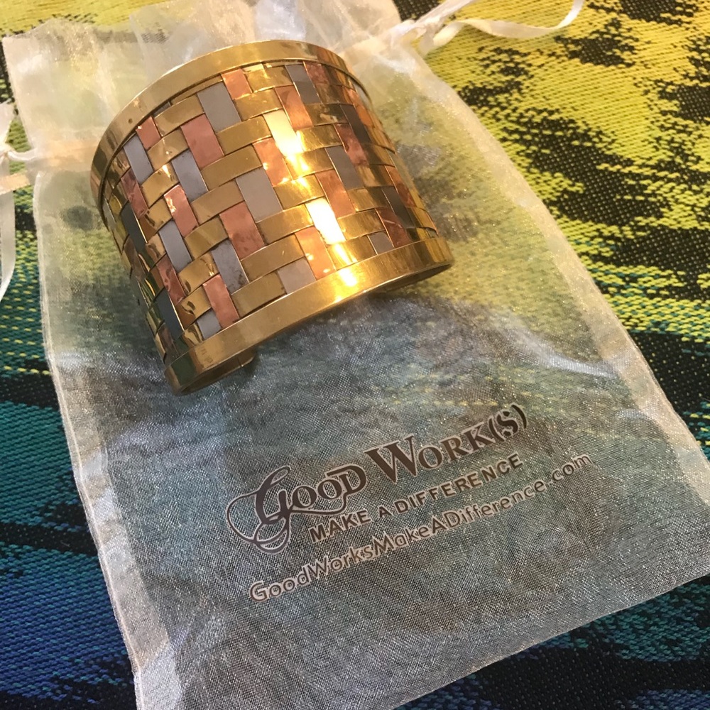 Tri-metal basketweave cuff bracelet